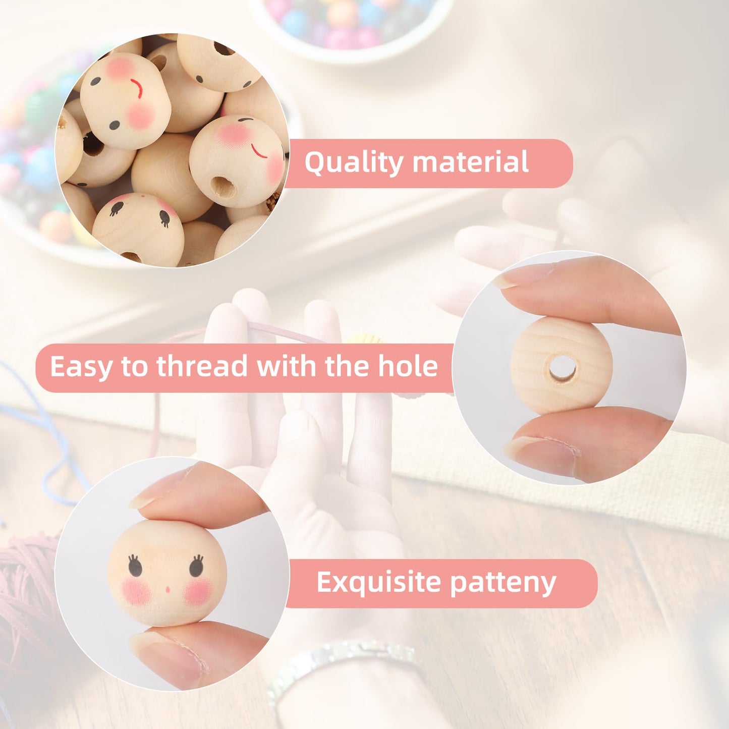 100PCS Wooden Beads for Crafts, 20mm Smile Wooden Beads with Holes, Natural Round Face Wood Bead for DIY Crafts, Jewelry Making, Angel Decorations(Style 2)