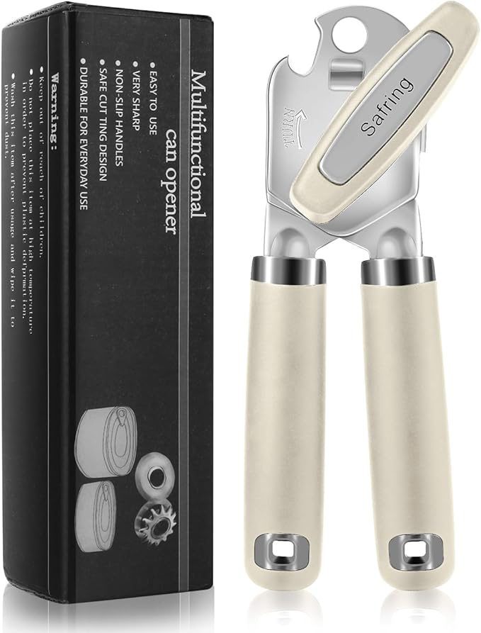 Can Opener Manual, Heavy Duty Handheld Strong Can Opener with Soft Touch Handle, Sharp Blade Smooth Edge, Can Openers with Multifunctional Bottle Opener, Beige