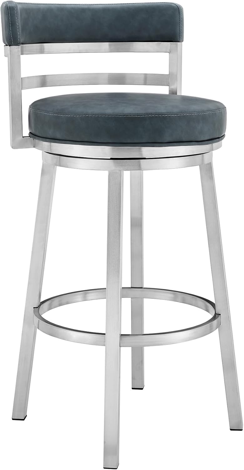 Armen Living Titana 26" Counter Height Swivel Blue Faux Leather and Brushed Stainless Steel Bar Stool