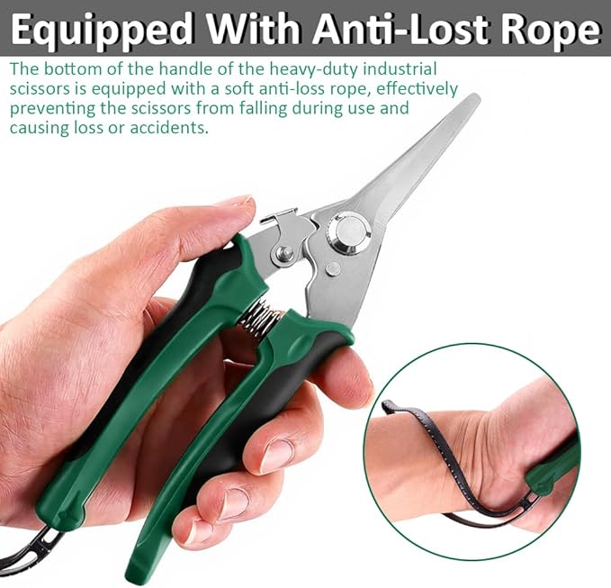 7.8'' Scissors All Purpose Heavy Duty, Stainless Steel Shears, Non-Slip Handle, Anti-Loss Rope, Industrial utility scissors for Cutting Cardboard, Fabric, Wires, Rope, Pruning(Straight Blades-B)