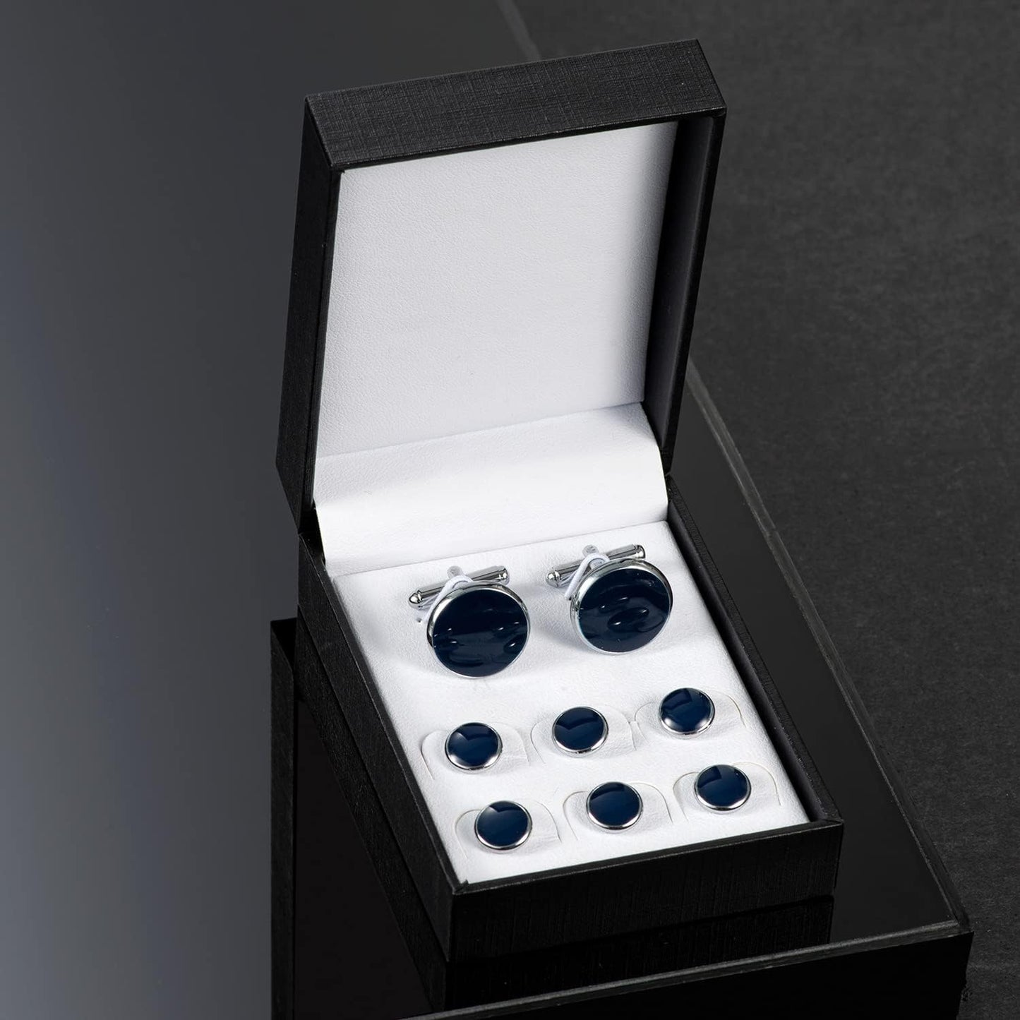 wynameleri Mens Cufflinks and Studs Set Blanks Round 4 Colors Shirt Tuxedo Buttons Packed in Cufflink Box for Business Wedding Jewelry