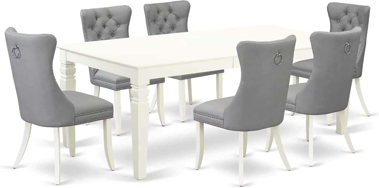 East West Furniture LGDA7-LWH-27 7 Piece Dining Set Includes a Rectangle Kitchen Table with Butterfly Leaf and 6 Polyester Fabric Parson Chairs, 42x84 Inch, linen white