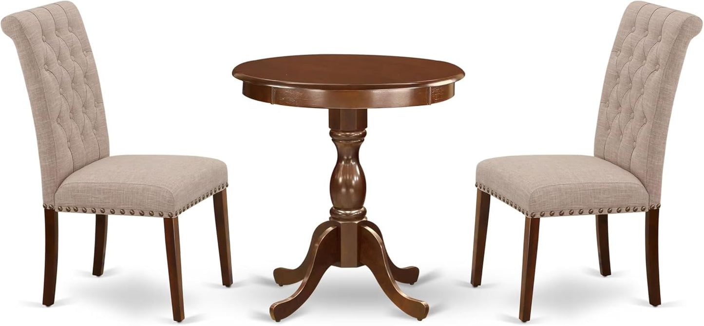 East West Furniture ESBR3-MAH-04 3 Piece Modern Dining Table Set Contains a Round Wooden Table with Pedestal and 2 Light Tan Linen Fabric Parson Dining Chairs, 30x30 Inch, Mahogany