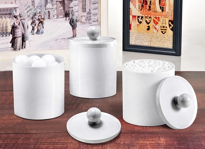 SheeChung Plastic Acrylic Bathroom Vanity Countertop Canister Jars with Storage Lid, Apothecary Jars Qtip Holder Makeup Organizer for Cotton Balls,Swabs,Pads,Bath Salts (White, 4 Pack of 15 oz.)