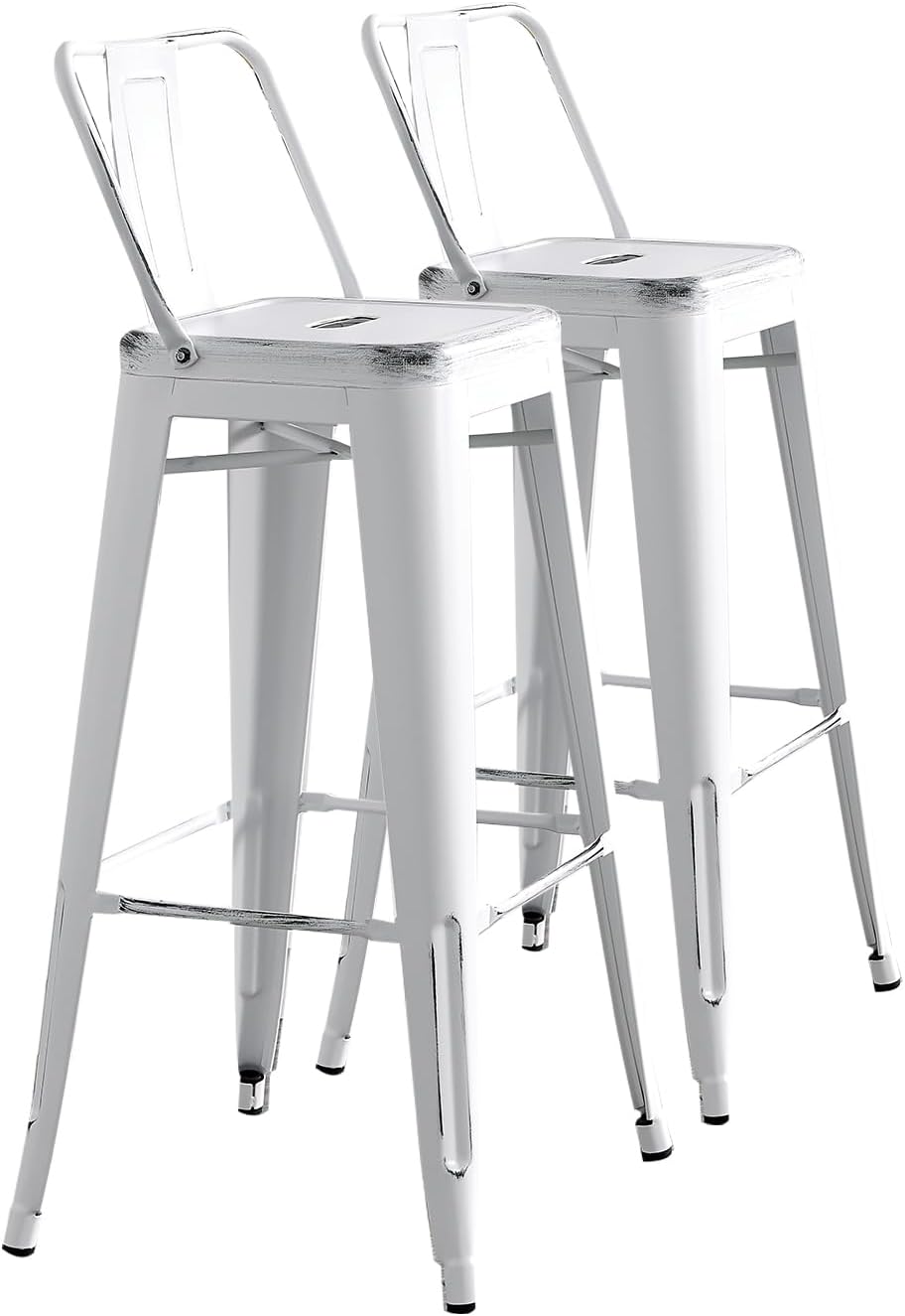 AC Pacific Modern Metal Barstool Set of 2 – Country Rustic Style with Low Back, Lightweight & Sturdy Build, Easy Assembly –, 30" Seat, Distressed White
