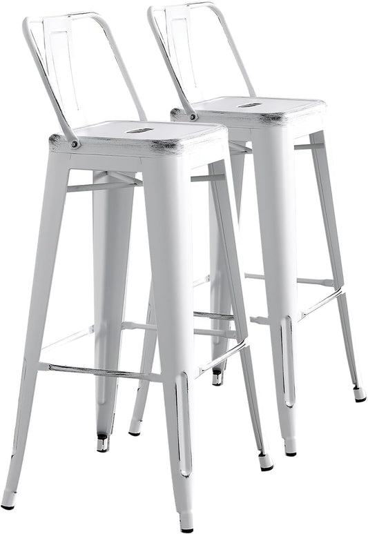 AC Pacific Modern Metal Barstool Set of 2 – Country Rustic Style with Low Back, Lightweight & Sturdy Build, Easy Assembly –, 30" Seat, Distressed White