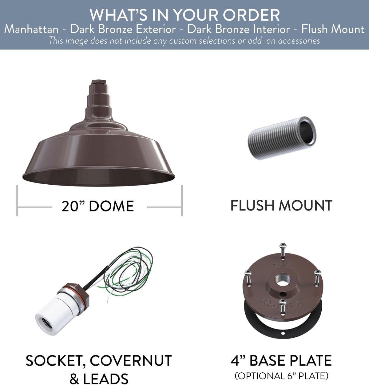 Steel Lighting Co. Manhattan Warehouse Light | Ceiling Mounted Pendant | 20 inch Dome | Flush Mount | Large Steel Barn Light Made in America | Dark Bronze Interior/Dark Bronze Exterior
