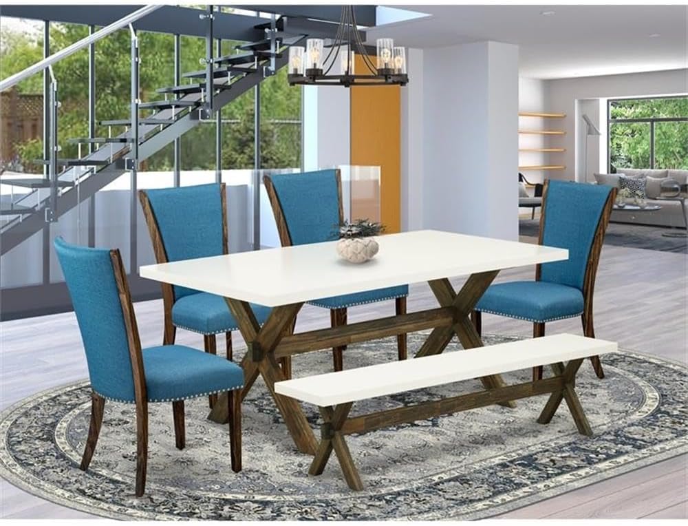 East West Furniture X727VE721-6 6 Piece Dining Table Set Contains a Rectangle Dining Room Table with X-Legs and 4 Blue Color Linen Fabric Parson Chairs with a Bench, 40x72 Inch, Multi-Color