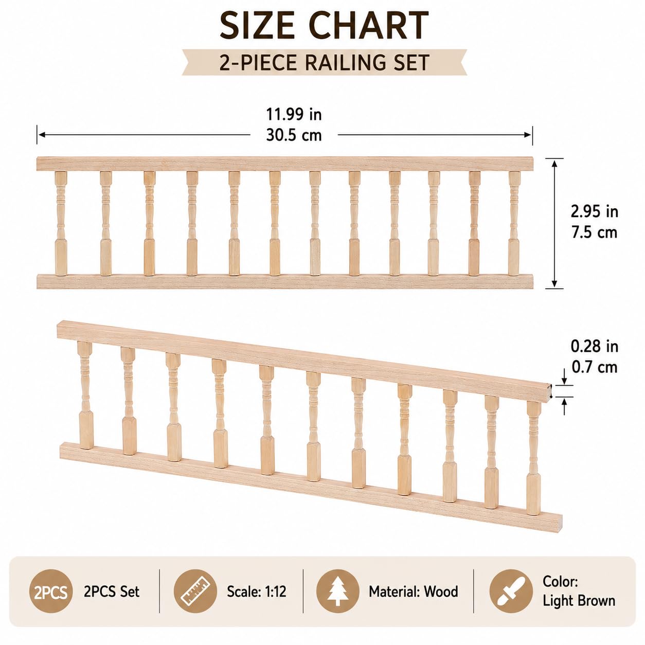 Garneck 2PCS Dollhouse Railing Kit: 1:12 Scale Unfinished Wooden Handrail Miniature Porch Railing for Balcony Tiny Stair Fence Accessories DIY Fairy Doll House Furniture Decoration
