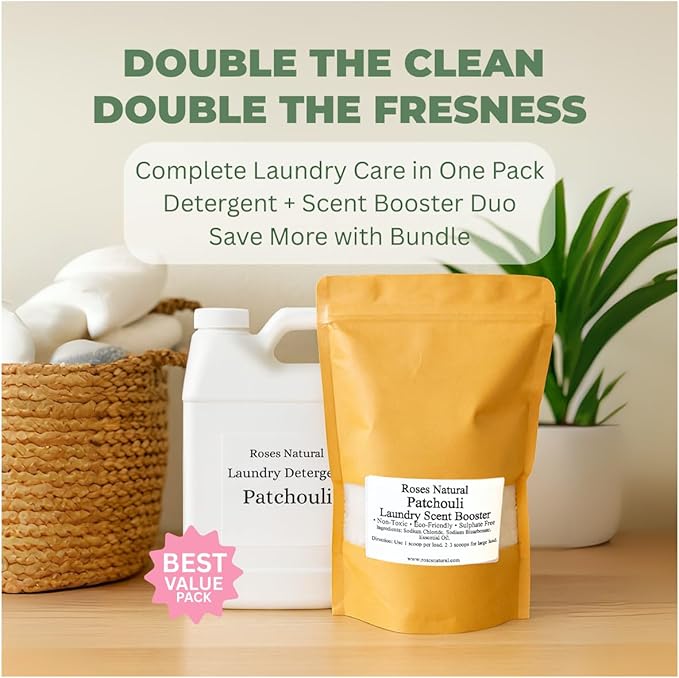Patchouli Laundry Detergent and Scent Booster Bundle, 32 oz Detergent, 16 oz Booster, Natural Laundry Set, Eco-friendly, Patchouli Essential Oil Scented, Made in the USA