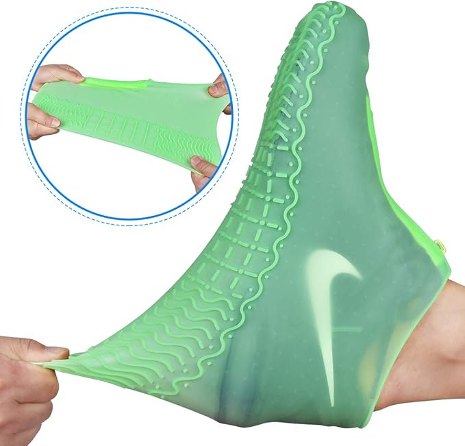 Waterproof Shoe Covers, Silicone Reusable Shoe Cover Non-slip Durable Zipper Elastic Rain Cover Protection for Men Women (M (Women 5-7, Men 5-6), Green)