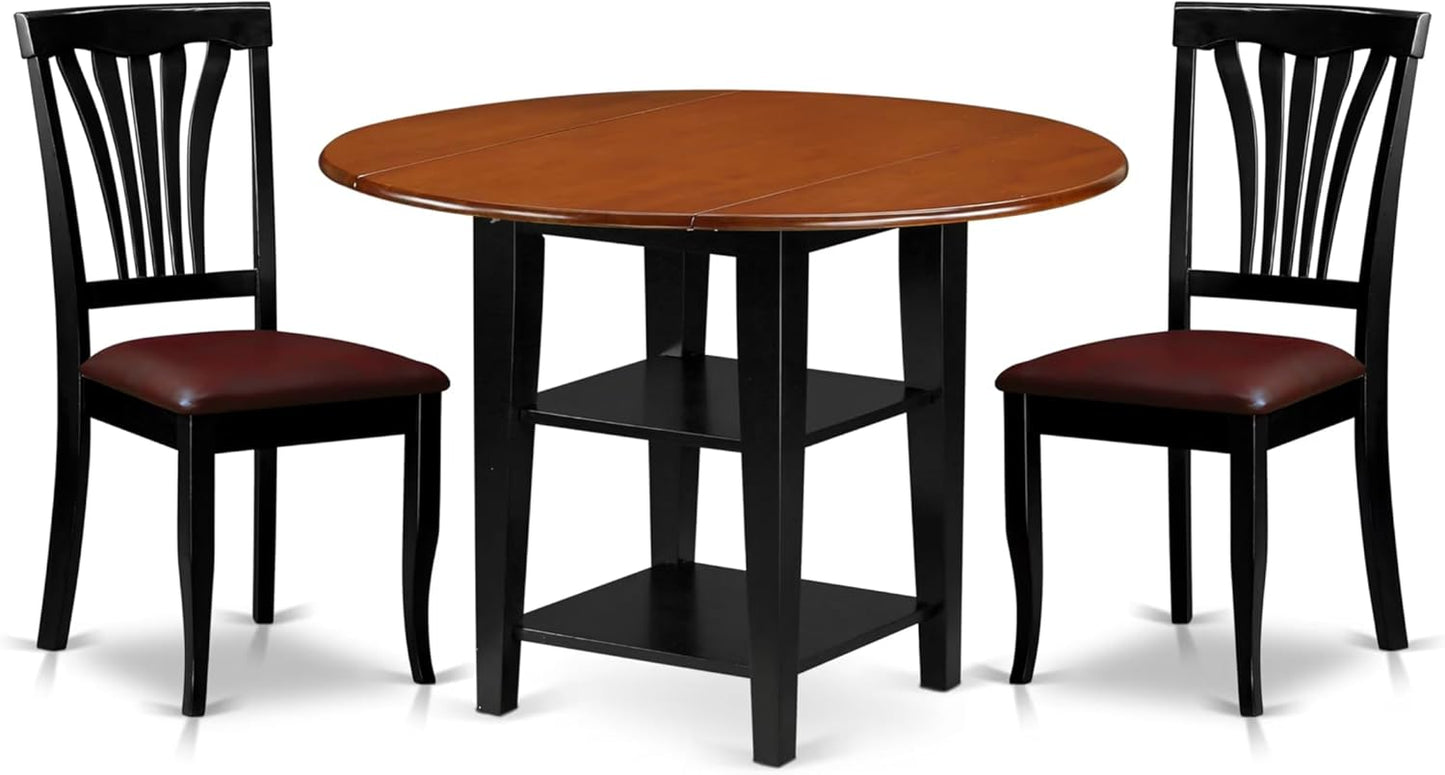 East West Furniture SUAV3-BCH-LC 3 Piece Dining Table Set Contains a Round Dining Room Table with Dropleaf & Shelves and 2 Faux Leather Upholstered Chairs, 42x42 Inch, Black & Cherry