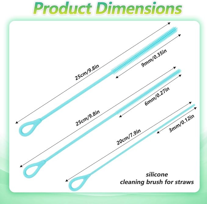 3Pcs Silicone Straw Cleaner Brush, Reusable Straw Cleaning Brush Extra Long, Long Straws Cleaner Brushes, Clean for Reusable Straws, Cups and Tumblers, Durable & Eco-Friendly