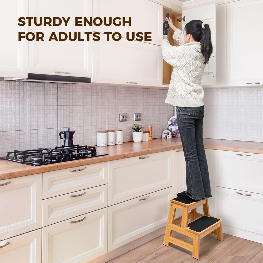 StrongTek Wood Step Stool for Adults and Kids, 17 Inch Tall, Non-Slip Step Surface, Heavy Duty, Two Step for Kitchen, Bed, Bathroom, 500 lbs Capacity