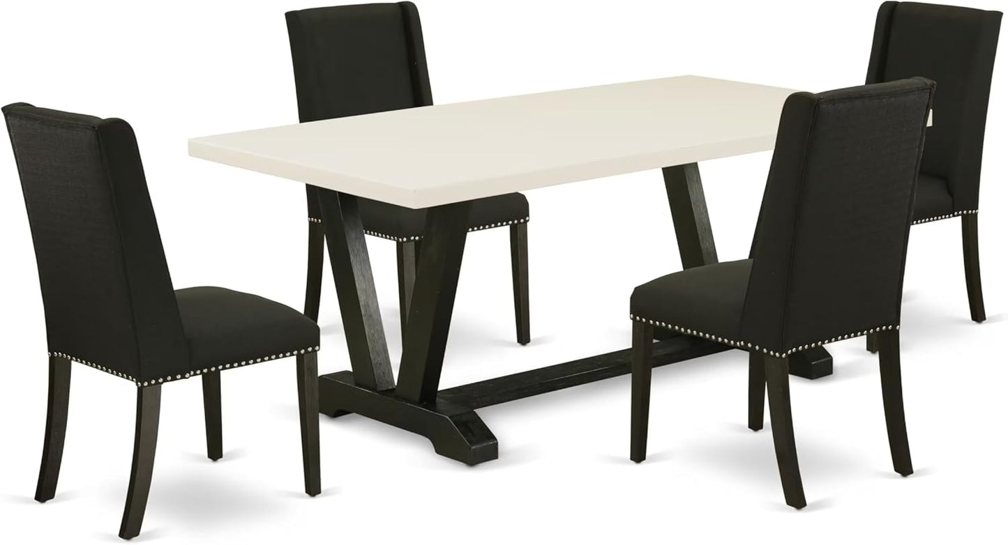 East West Furniture V627FL624-5 5 Piece Kitchen Table & Chairs Set Includes a Rectangle Dining Room Table with V-Legs and 4 Black Linen Fabric Upholstered Chairs, 40x72 Inch, Multi-Color