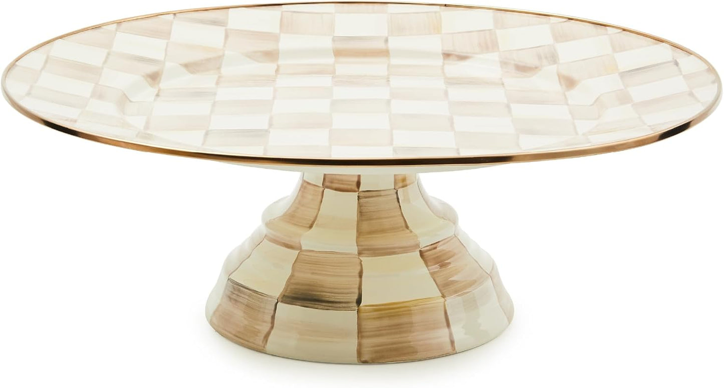 MACKENZIE-CHILDS Enamel Pedestal Platter, Round Cake Stand, Mini, Brown-and-White Mocha Check