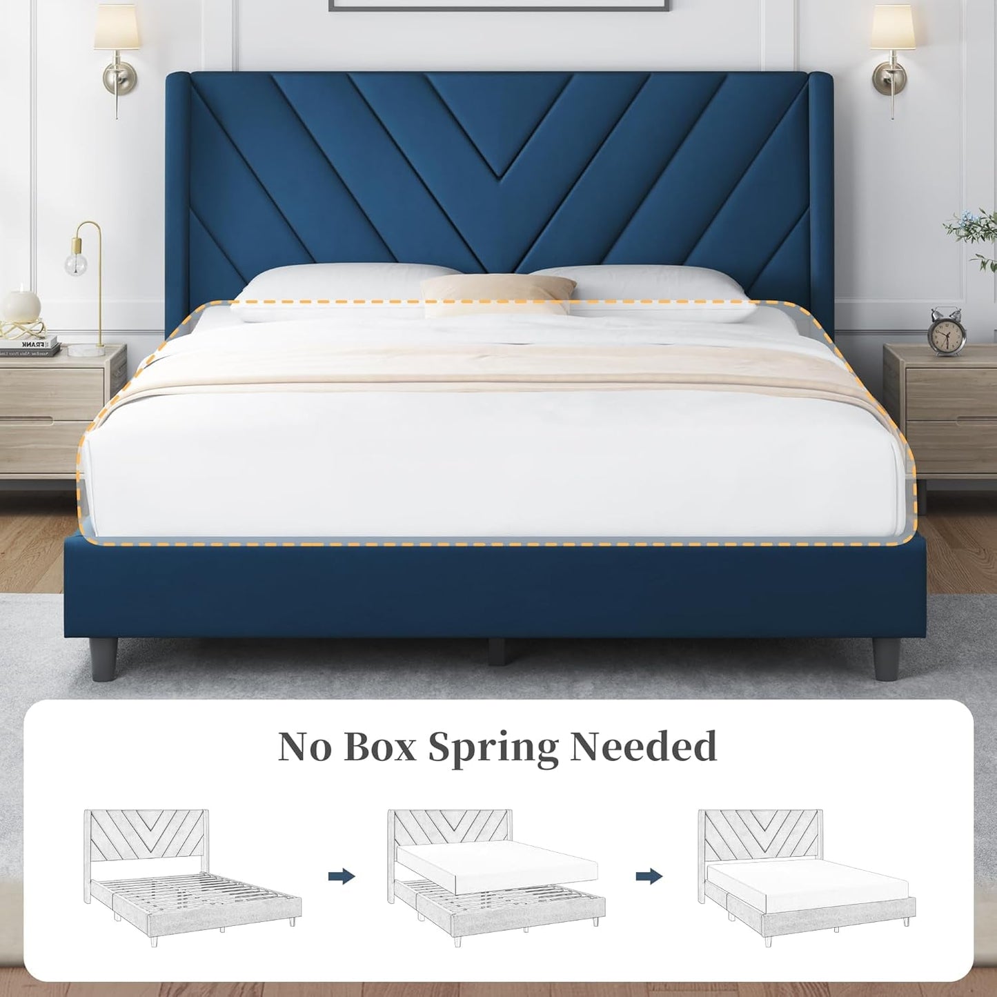 Queen Bed Frame Upholstered Platform Bed with Wing Side/Wooden Slat Support/Tufted Headboard with Wing Side/Mattress Foundation/No Box Spring Needed,Blue Queen Bed