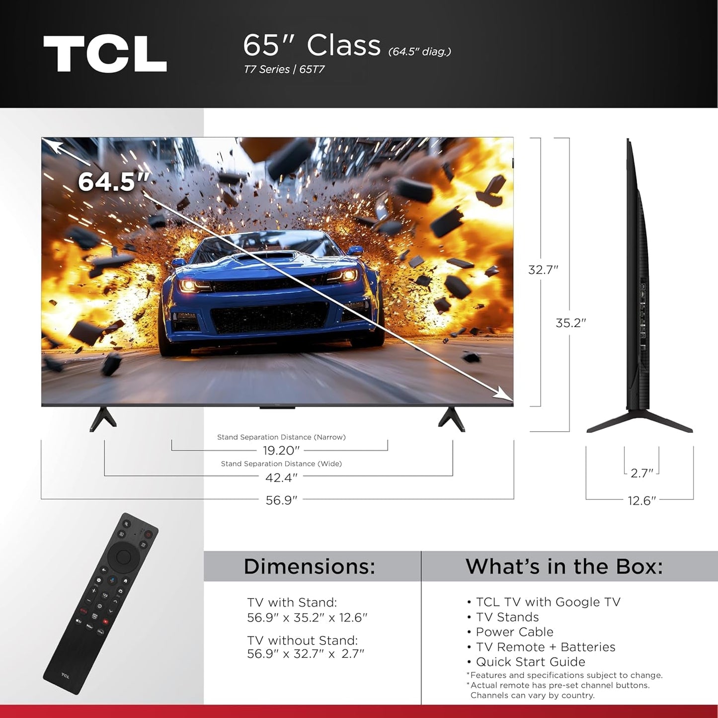 65 Inch Class T7 Series | 4K QLED HDR | 65T7, 2025 Model | 120HZ-144HZ High Brightness Smart Google TV Dolby Atmos Audio | Voice Remote Alexa Gaming Streaming Television
