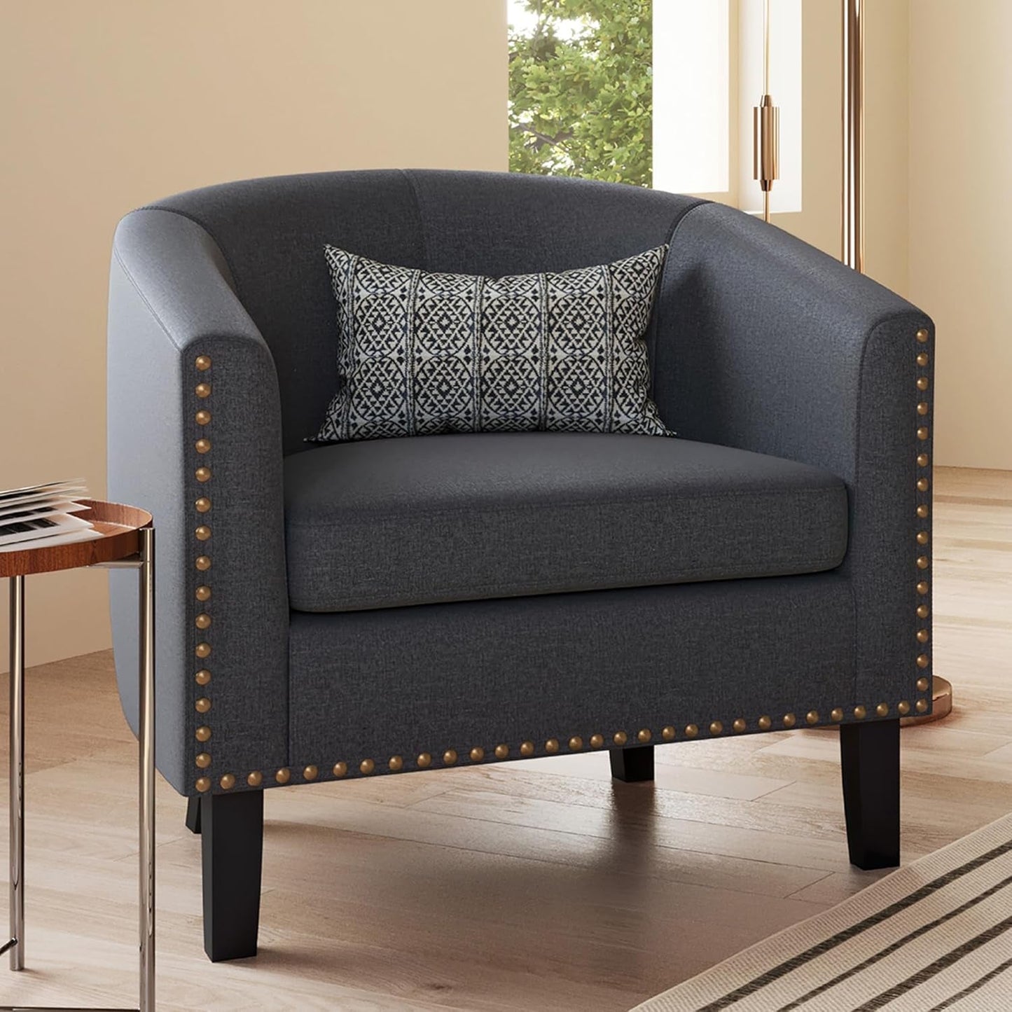Accent Barrel Chair, Modern Tub Club Chair Upholstered Armchair with Gold Nail Head Trim and Black Legs for Living Room Bedroom Apartment Lounge - Gray/Linen