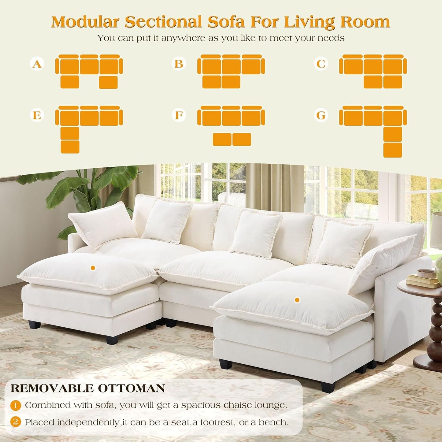 Modular Sectional Sofa,U Shaped Couch for Living Room,Modern Deep Seat Sofa 3 Seater Chenille Fabric Comfy Cloud Couches with Throw Pillows & Movable Ottoman