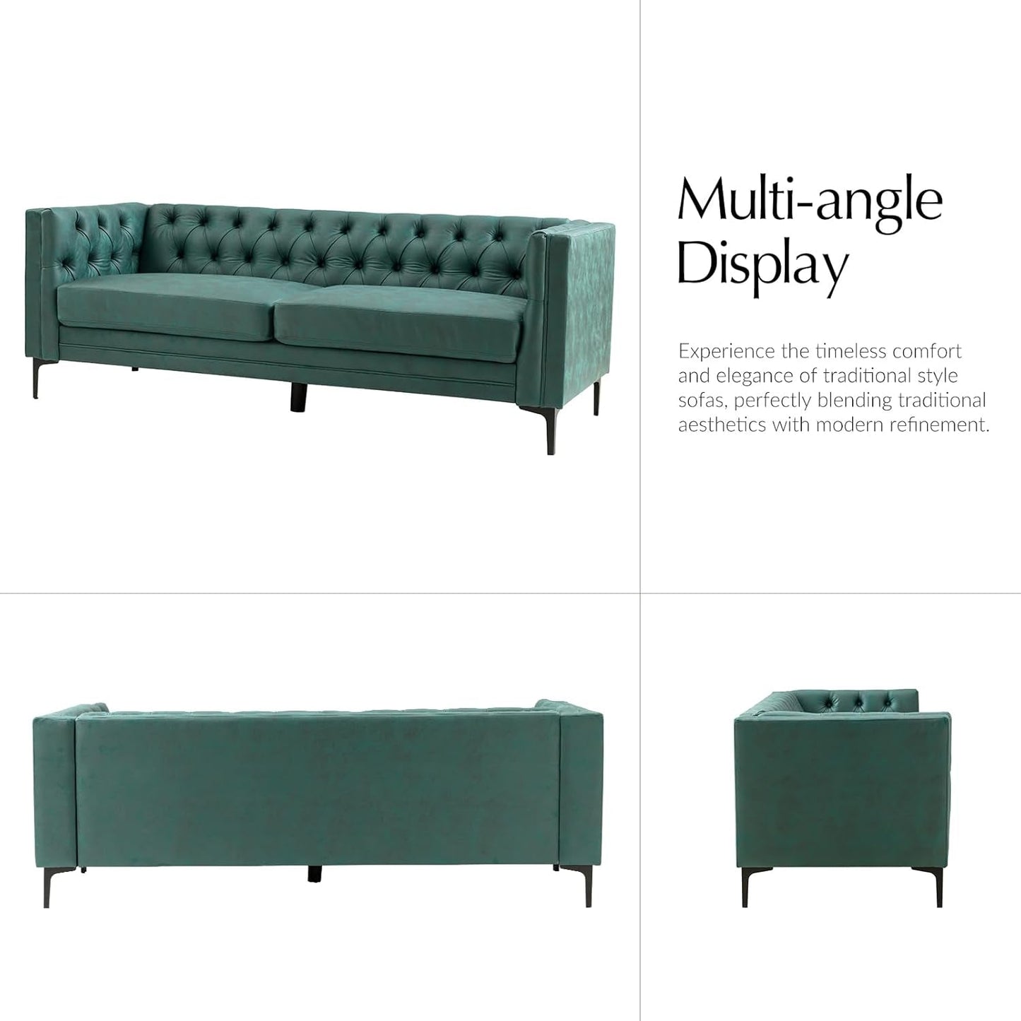 84" W Faux Leather Sofa Couch with Metal Legs, Button-Tufted 3-Seater Sofa, Mid Century Modern Contemporary Upholstered Couch for Living Room, Entertainment Area, Apartment,Green