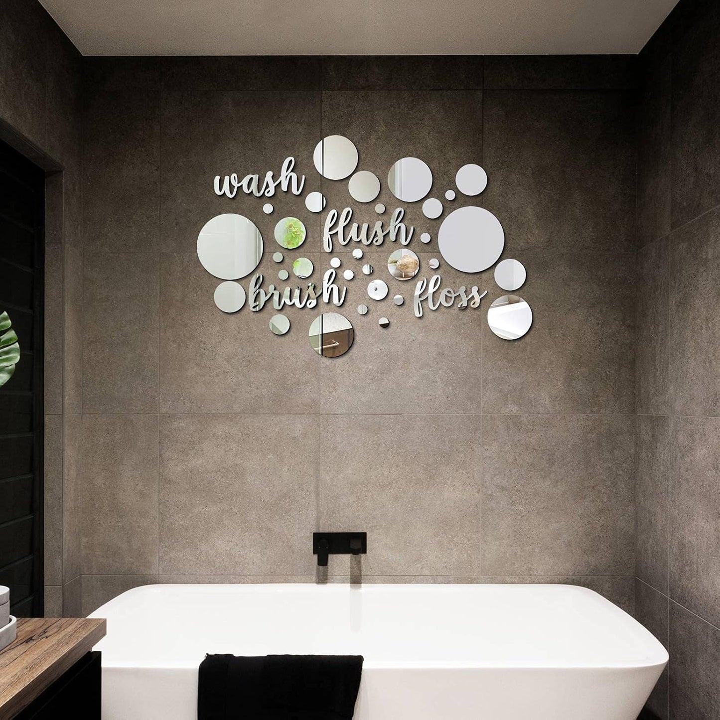 30 Pcs Bathroom Wall Decals Brush Wash Flush Floss Stickers 3D round Mirrors Wall Decal Self Adhesive DIY Acrylic Mirror Decor Beautiful Art Words Decor for Home Bedroom (Silver)