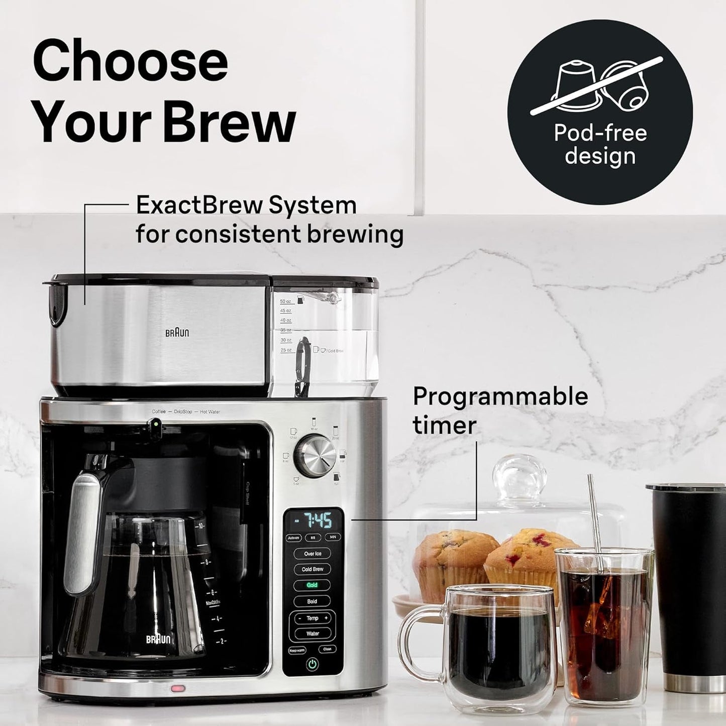 Multiserve plus 10-Cup Drip Coffee Maker - Hot & Cold Multi-Serve Brewer with Timer and Auto Start, Hot Water Dispenser, over Ice Function, Stainless Steel & Pod-Free Design, KF9370SI
