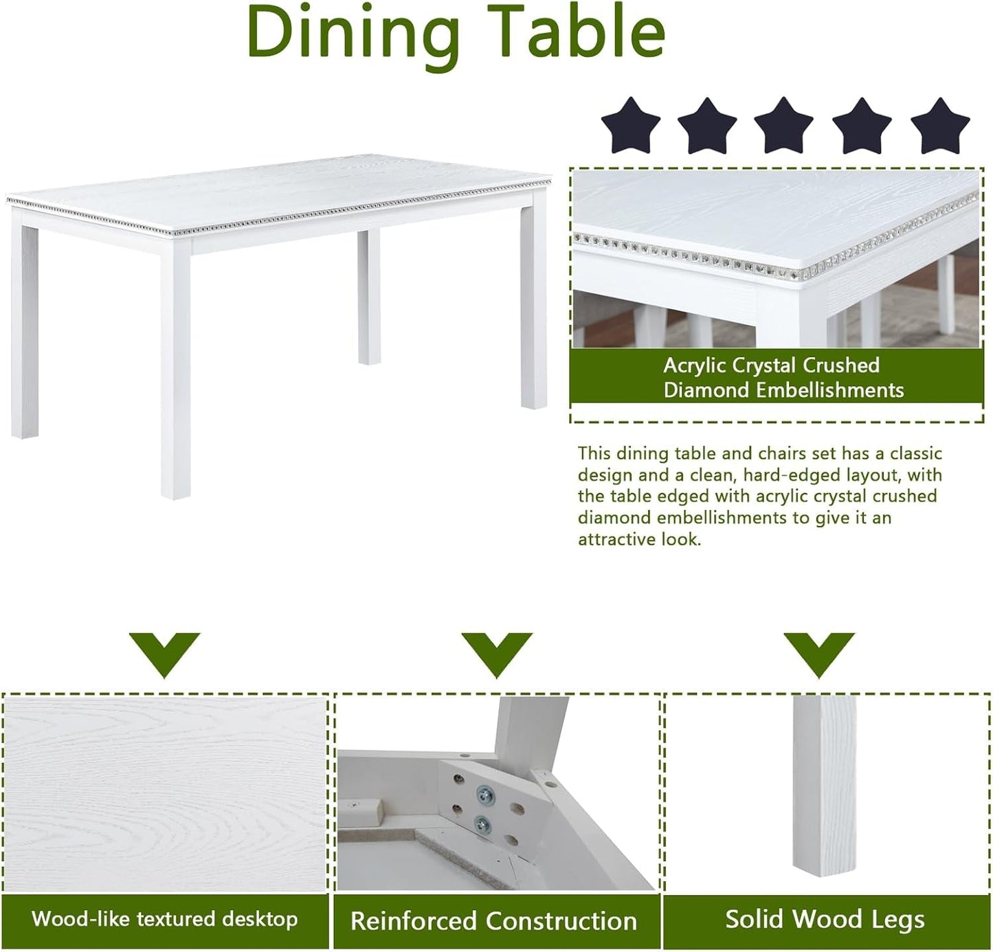 6 Piece Solid Wood Dining Set, Farmhouse Kitchen Table Set with 4 Upholstered Chairs & Bench for Kitchen, Dining Room, White