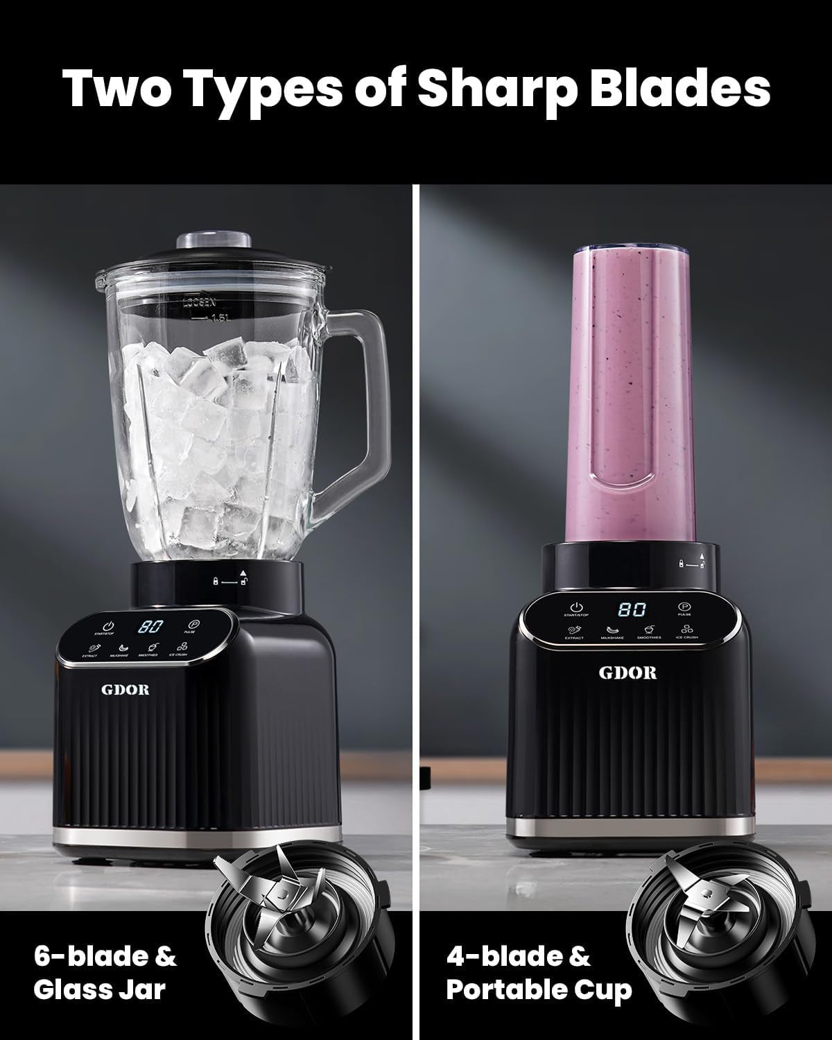 Professional Blender for Smoothies, 5 Functions, 1200 Peak Watts Smoothie Blender, 52 Oz Glass Jar & 24 Oz To-Go Cup Combo, Ice Crushing & Frozen Fruit, Self-Cleaning, Black