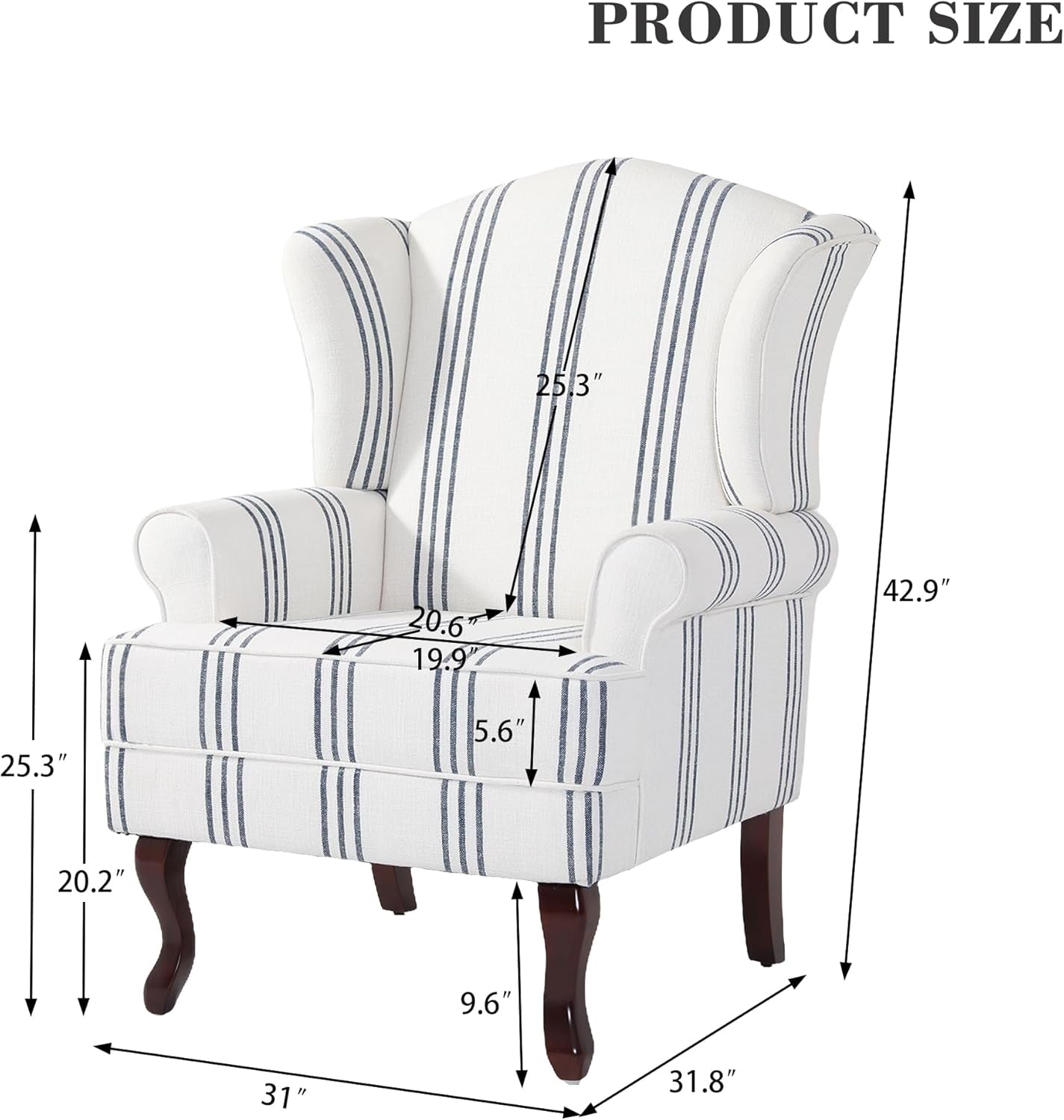 High Back Accent Chair, Upholstered Armchair in Fabric with Solid Wood Legs, Retro Arm Chair Comfy Single Sofa Reading Seat for Living Room - Navy Stripe