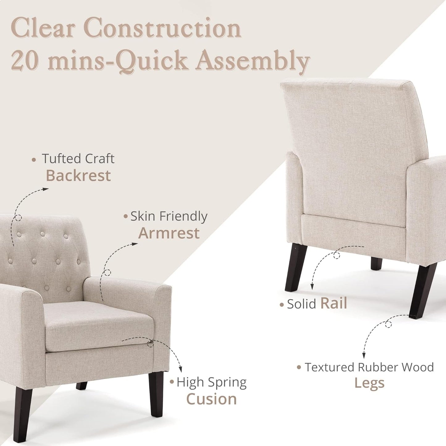 Linen Color Linen Accent Chair 18.5" H, Button Tufted Upholstered Modern Armchair, Comfy Living Room Chair with Arms, Arm Chairs for Living Room, Bedroom, Small Space
