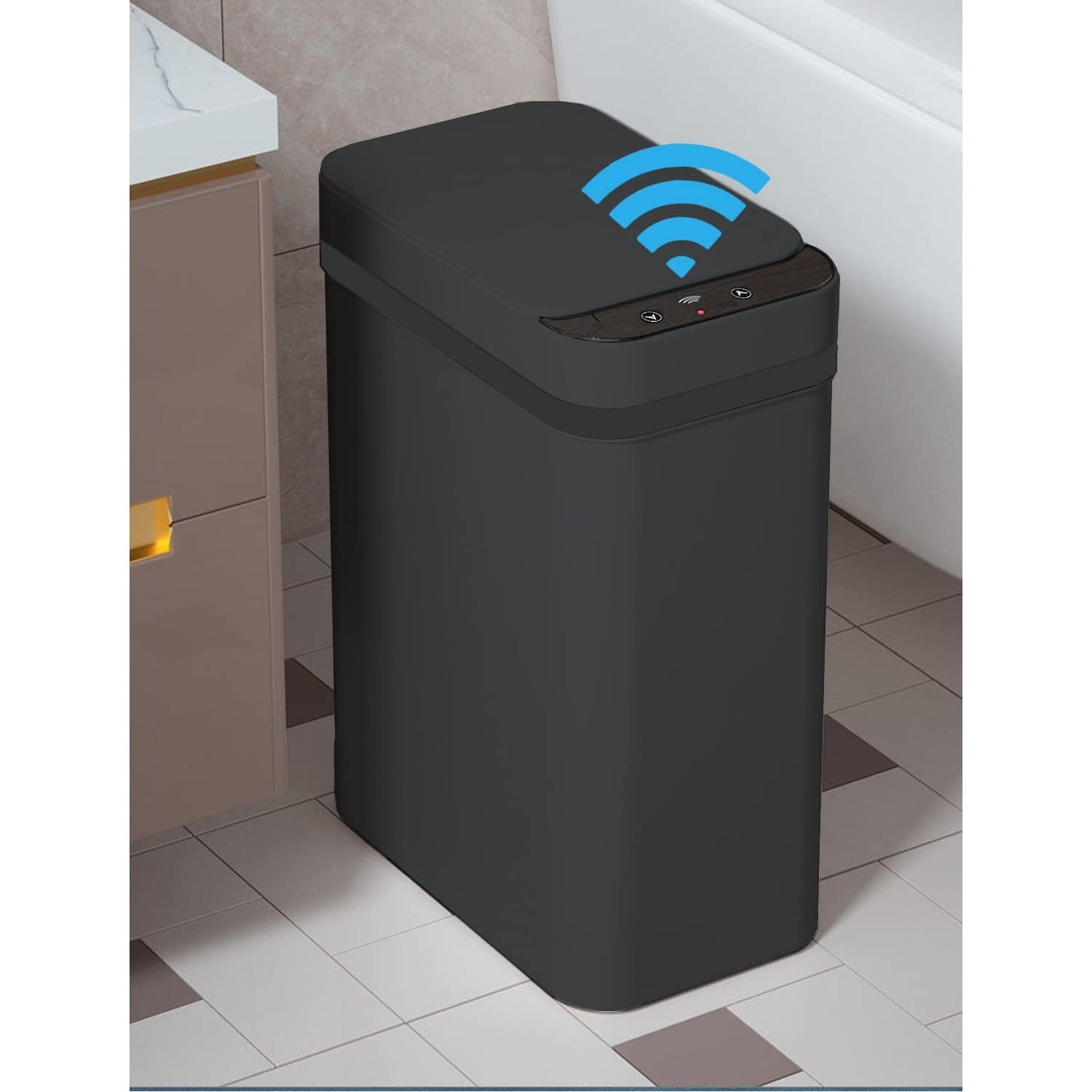 Touchless Bathroom Trash Can - 2.5 Gallon Smart Trash Can Sensor Motion - Skinny Trash Bin with Lid - Electric, Narrow, Plastic, Auto Open - Small Slim Automatic Garbage Can (Black)