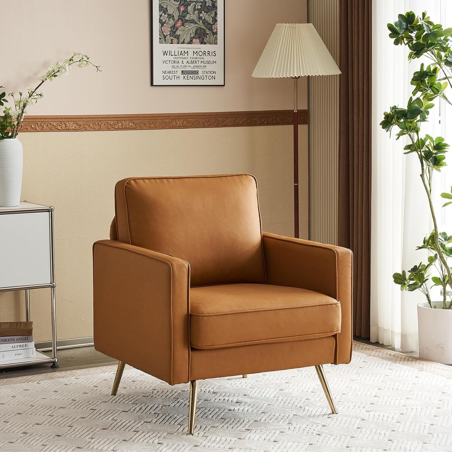 Living Room Chairs Set of 2, Brown PU Leather Accent Chair Mid Century Modern Upholstered Sofa Chairs with Arms, Gold Legs for Living Room, Bedroom, Apartment