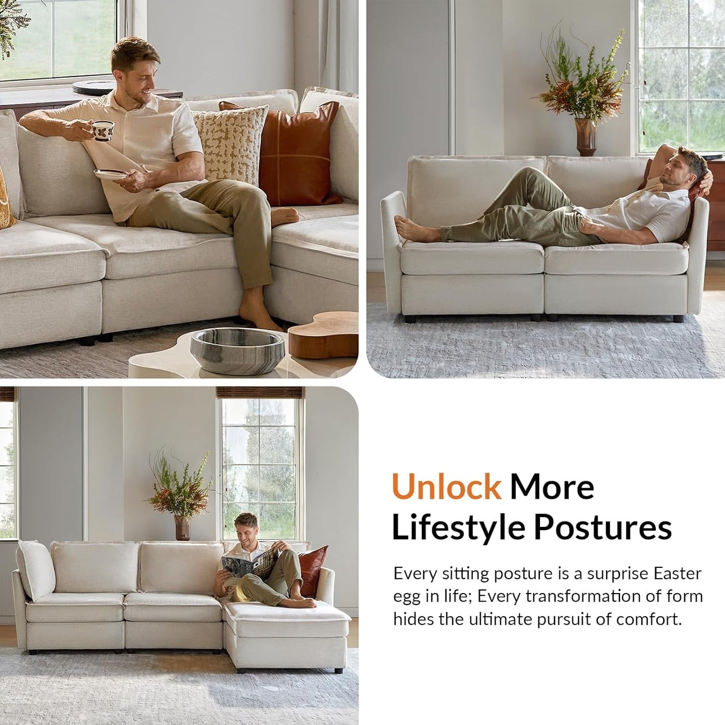 127'' Modular Sectional Sofa, Oversized U Shaped Couch with Storage Ottoman, Comfy Chenille Sofa with Deep Seat, 6 Seat Convertible Couches for Living Room, Beige