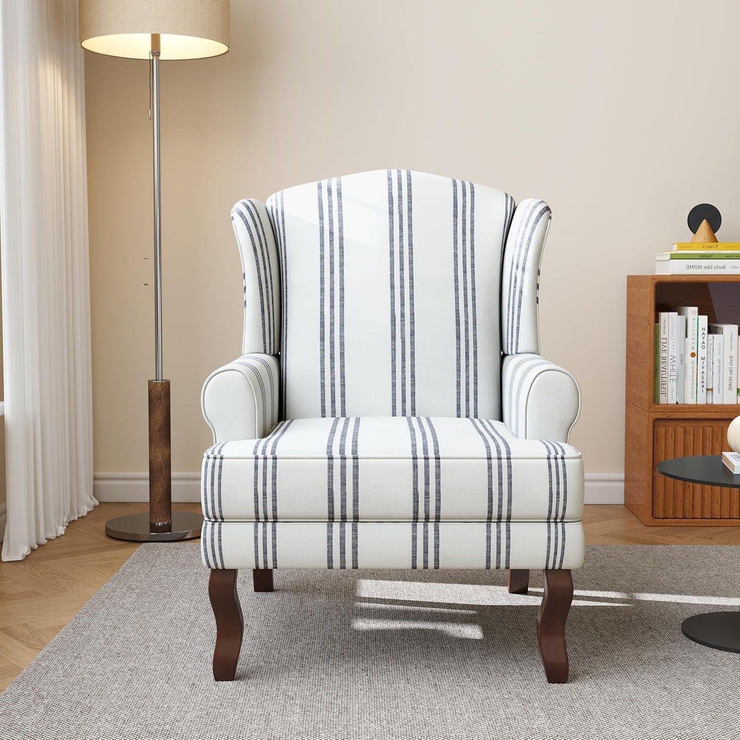High Back Accent Chair, Upholstered Armchair in Fabric with Solid Wood Legs, Retro Arm Chair Comfy Single Sofa Reading Seat for Living Room - Navy Stripe