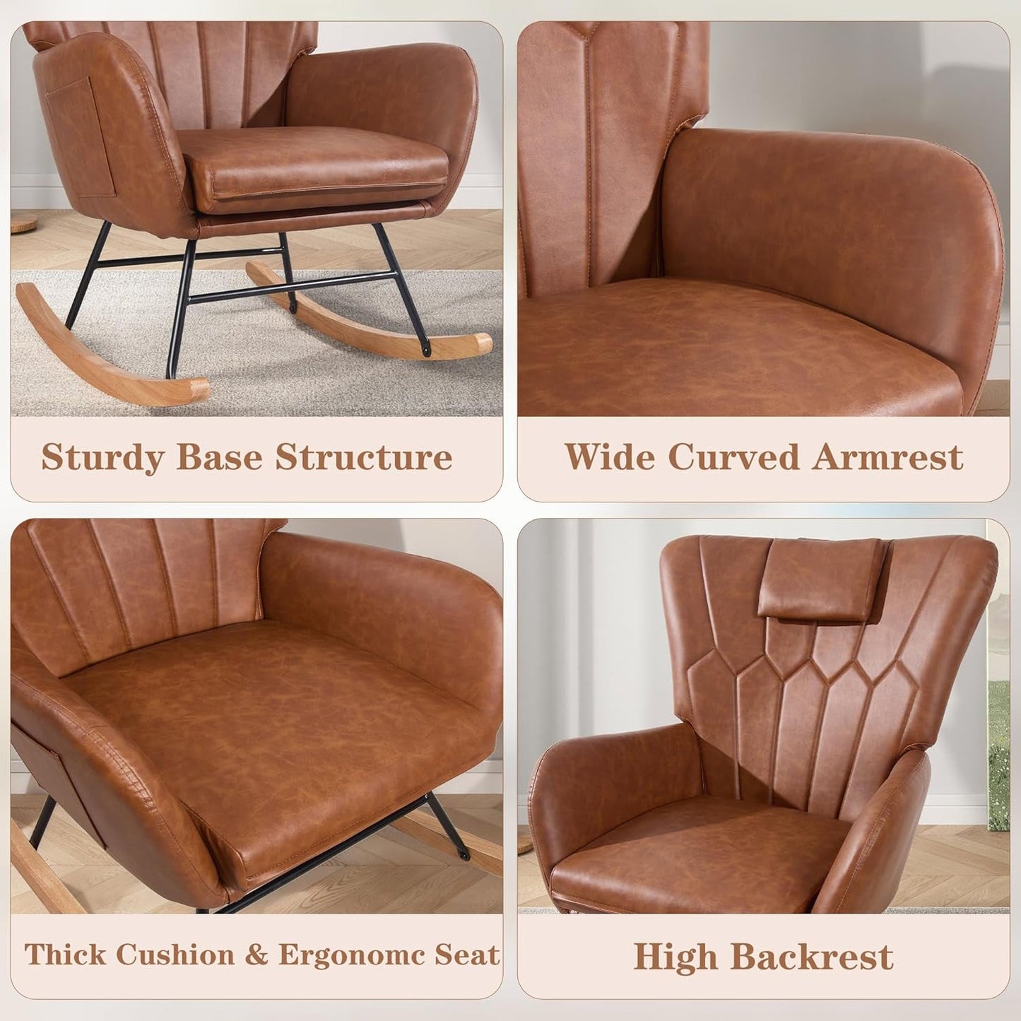 Rocking Chair Nursery with Thick Headrest, Modern PU Upholstered Reading Glider Rocker Accent Armchair with High Backrest, Padded Seat, Side Pocket, for Livingroom, Bedroom, Baby Room, Brown