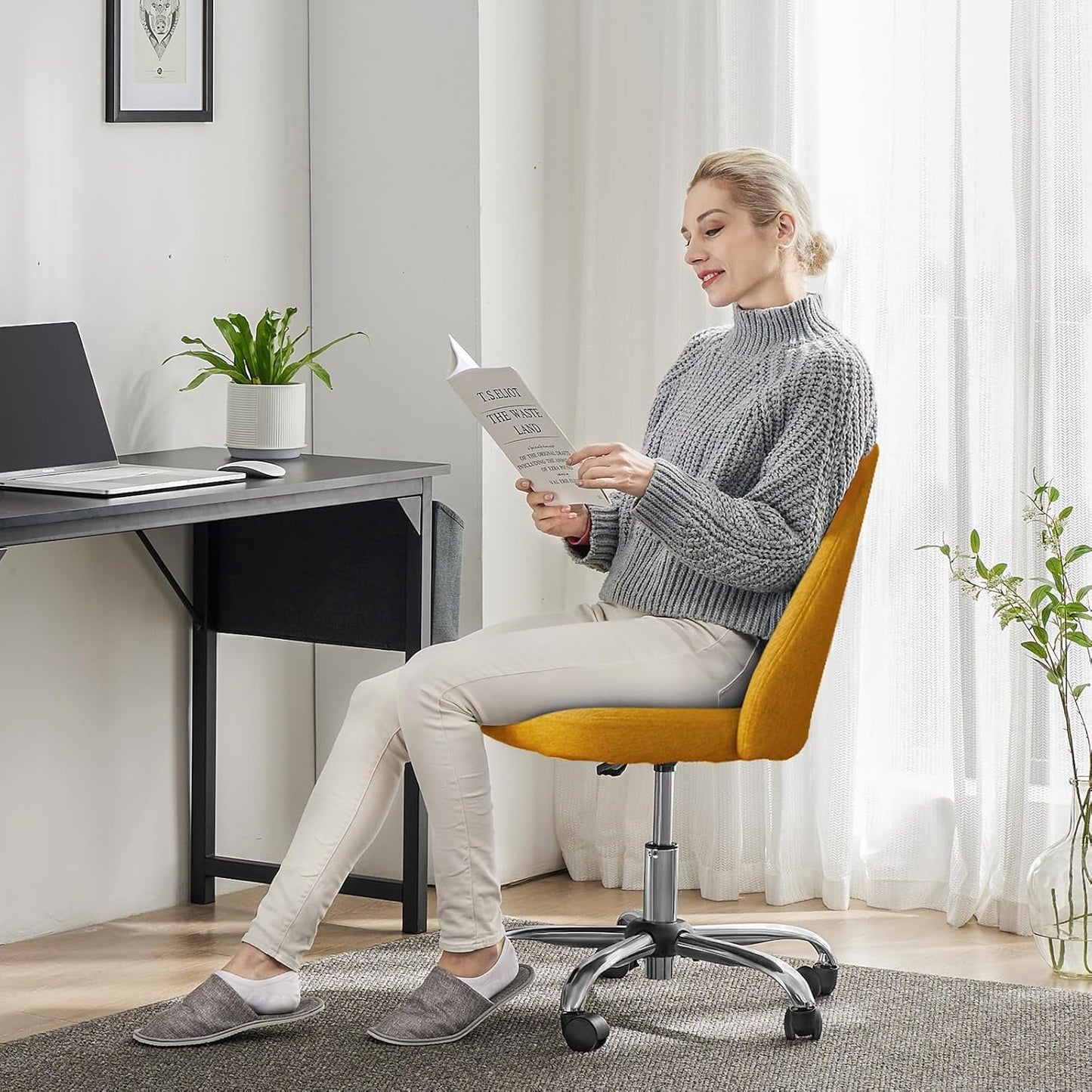 Armless Vanity Chair, Cute Comfy Home Office Desk Chair with Wheels, Modern Upholstered Task Computer Seat for Bedroom, Study, Makeup Vanity, Height Adjustable & Swivel, Yellow