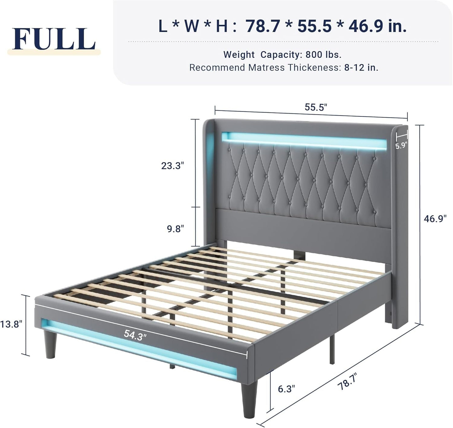 Upholstered Full Size Platform Bed Frame with LED Light and Charging Station, Button Tufted High Headboard, Wingback Design, Noise Free, Easy Assembly, No Box Spring Needed, Grey