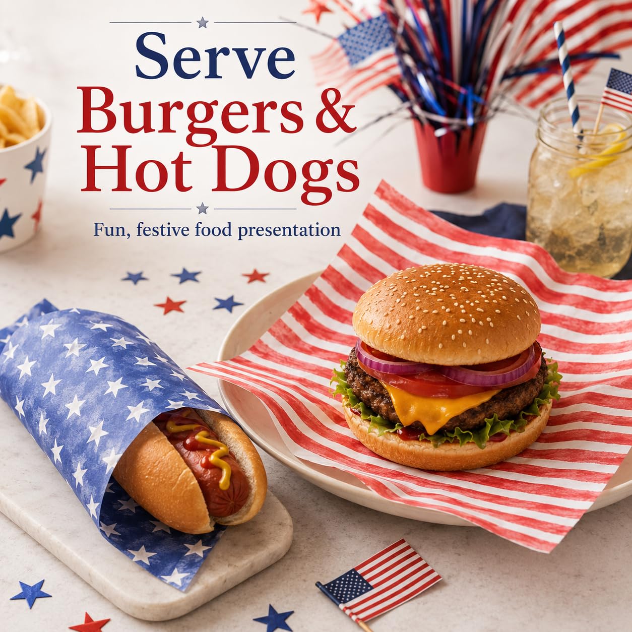 240 Sheets Watercolor Patriotic Wax Paper for Food Deli, 9.8 x 8.3'' Seamless Blue Red Stars Stripes Greaseproof Wrapping Paper for 4th of July Sandwich Picnic Basket Liner Party Supplies