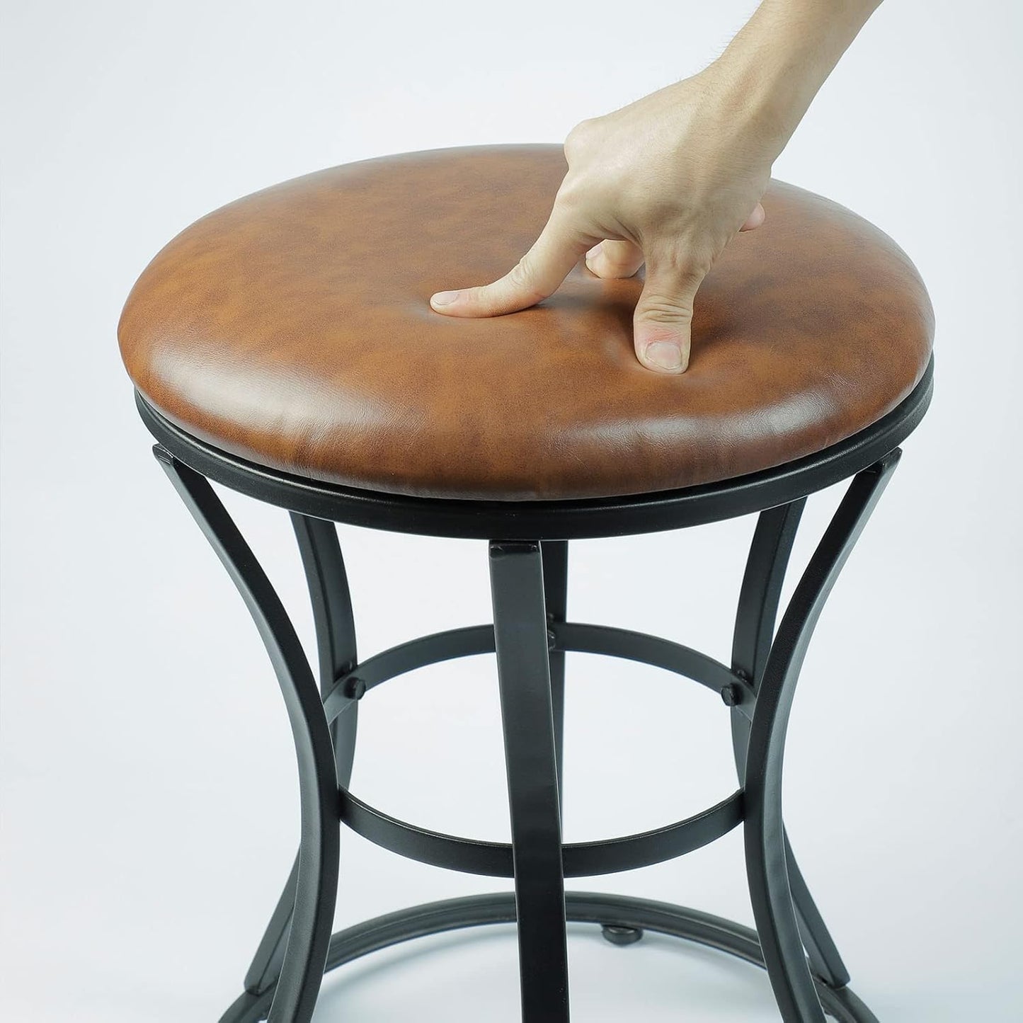 Vanity Stool Chair, Modern Dressing Stool for Makeup Vanity with Black Legs - Backless - Ottomans Round Seat, for Makeup Room, Bedroom, Bathroom, Living Room Accent Furniture Leather Brown