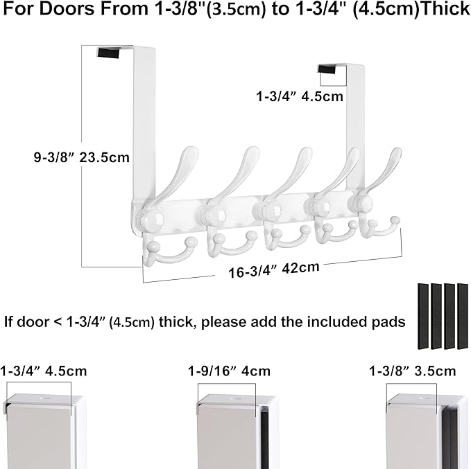Dseap Over Door Hook 2.0 - Upgraded Version - Simple-Assembly, Strong, Heavy-Duty Stainless Steel 5-Tri-Hook Over The Door Hanger Rack, SimpleStrong Series, White