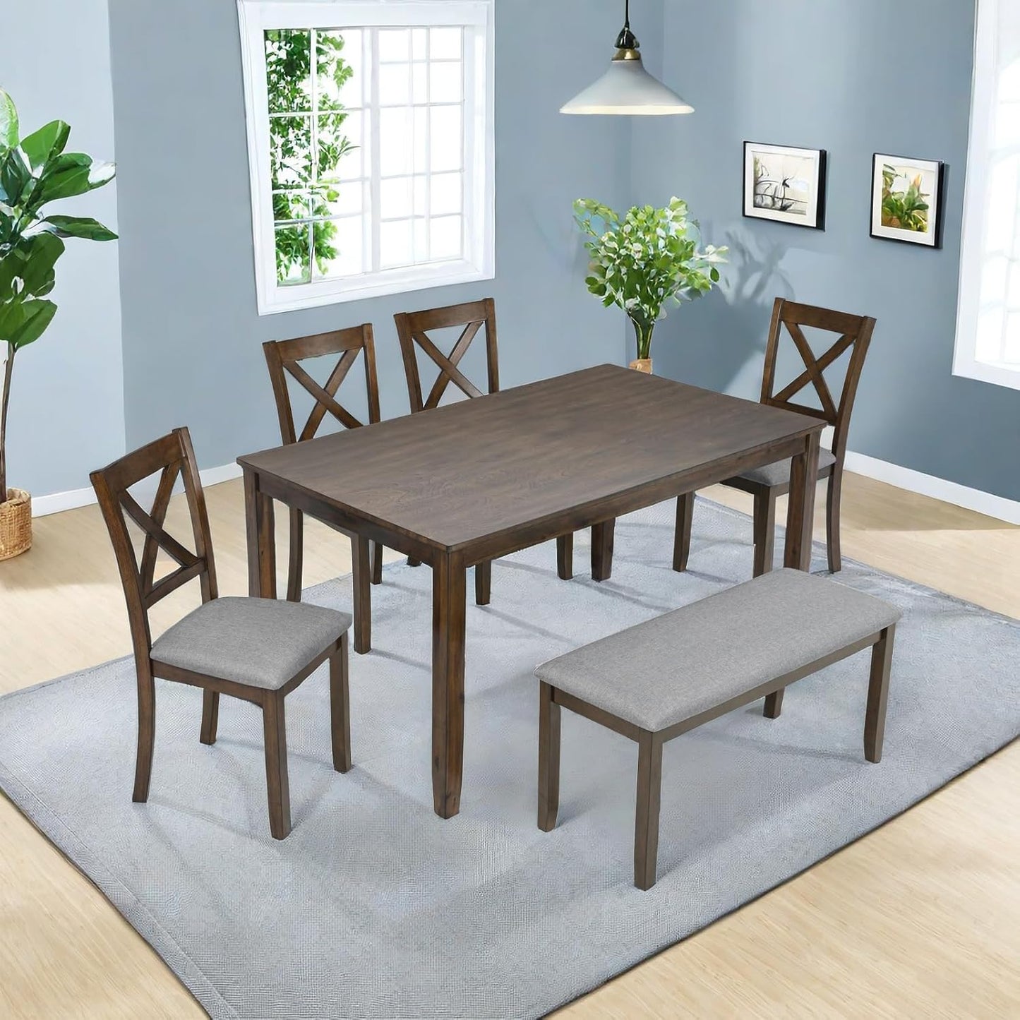 Dining Table Set, 6-Piece Modern Rectangular Dining Table & Chair Set with 4 Upholstered X-Shaped Backrest Chairs and a Bench, Walnut