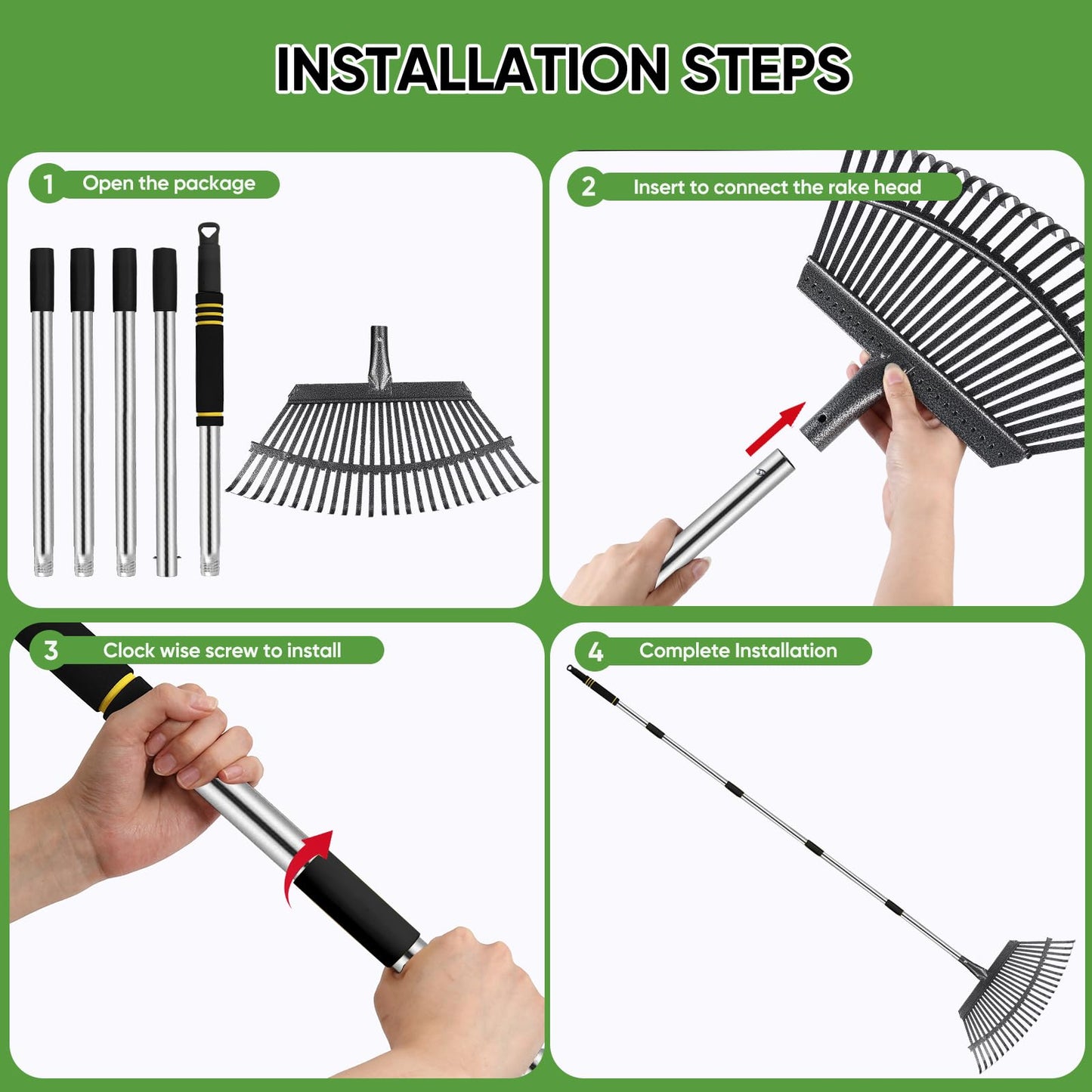 Coopvivi Rake Heavy Duty 6FT Long Garden Rake , 18.5 Inch Wide Leaf Rake for Lawns, 25 Metal Tines, Adjustable Stainless Steel Handle, Rakes for Leaves, Yards, Grass, Garbage, Weeds, Debris (Black)