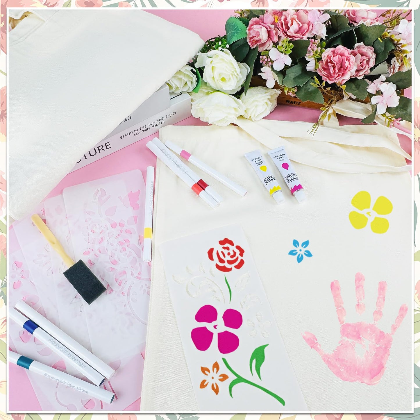 Cinrobiye 6 Pack DIY Canvas Tote Bag Craft Kit with Painting Supplies, Blank Cotton Reusable Bags for Floral Painting, Handmade Gifts, Mother’s Day, Teacher Appreciation, Party Craft Activities