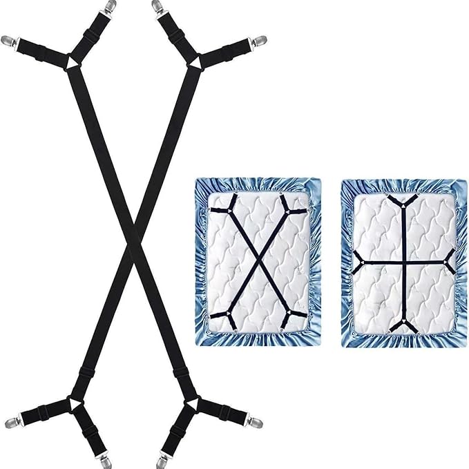 2Pcs Bed Fitted Sheet Straps Clips, Adjustable Crisscross Sheets Clip Holder Fasteners Suspenders for Mattress Cushion Cribs Elastic Sheet Strap Fitted Sheet Corner Holder (Black)