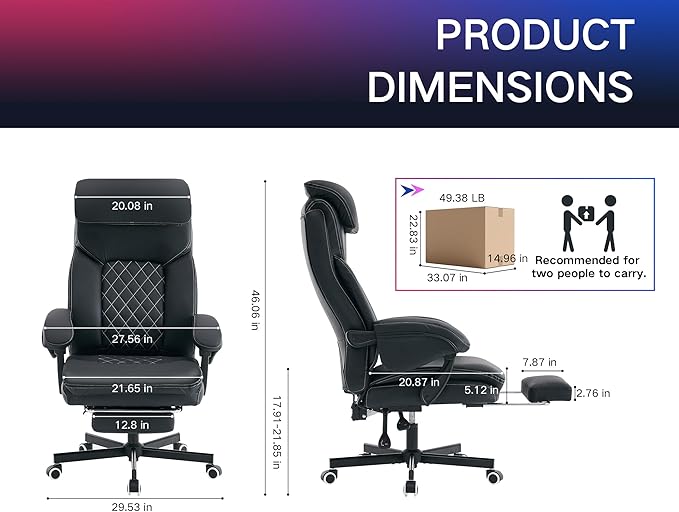 Big and Tall Gaming Chair 400lbs Heavy Duty Office Chair with Foot Rest & Lumbar Support, Ergonomic Wide Comfy Seated Cushion for for Gaming Room,Office Room, Black