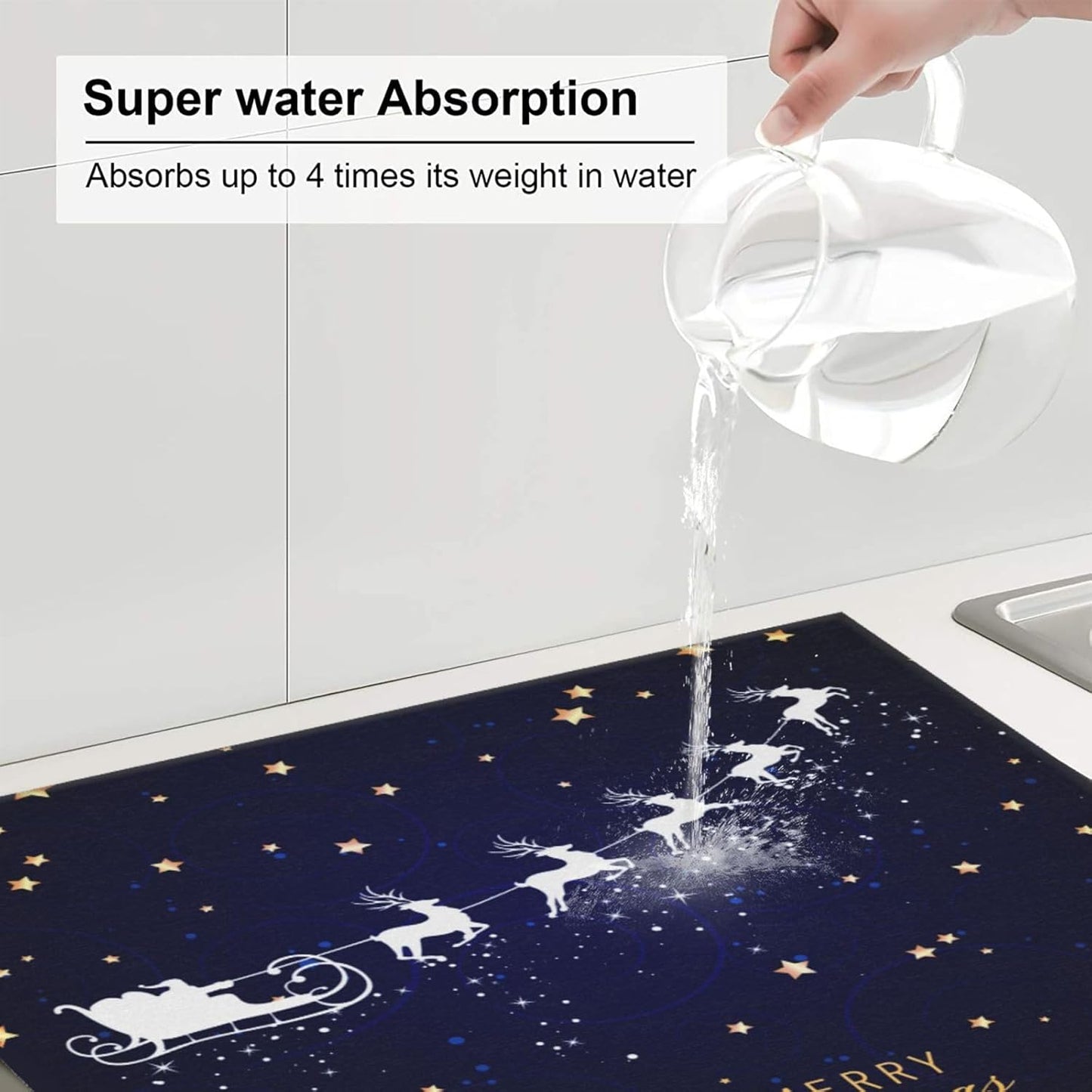 Dish Drying Mat Navy Blue Christmas Deer Star Santa for Kitchen Counter Absorbent 16x18 Inch Microfiber Dishes Plate Glass Dry Draining Pad Reversible Washable