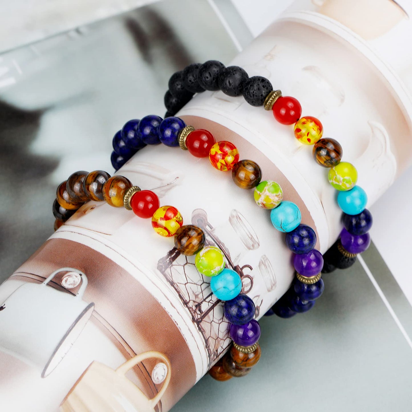 ONESING 3 Pcs Chakra Bracelets for Women Rock 7 Chakras Crystals and Healing Stones Bracelets 8mm Crystal Bracelet Yoga Beaded Bracelets Essential Oil Diffuser (Blue, brown)
