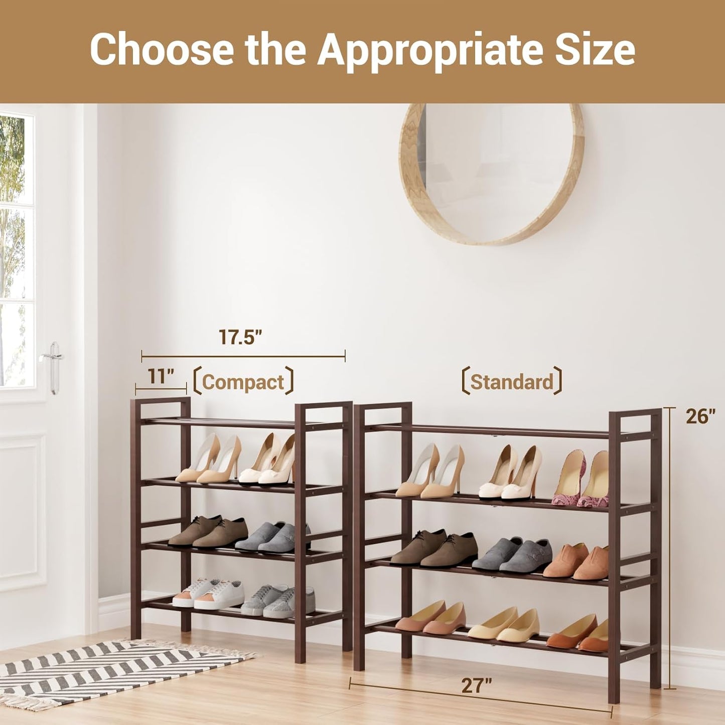 Haddockway Bamboo Shoe Rack for Closet, Free Standing Shoe Organizer with Smooth Round Rods & Convenient Handles, Stackable Shoe Storage Shelf for Entryway, Hallway(Brown, 4-Tier(Small))