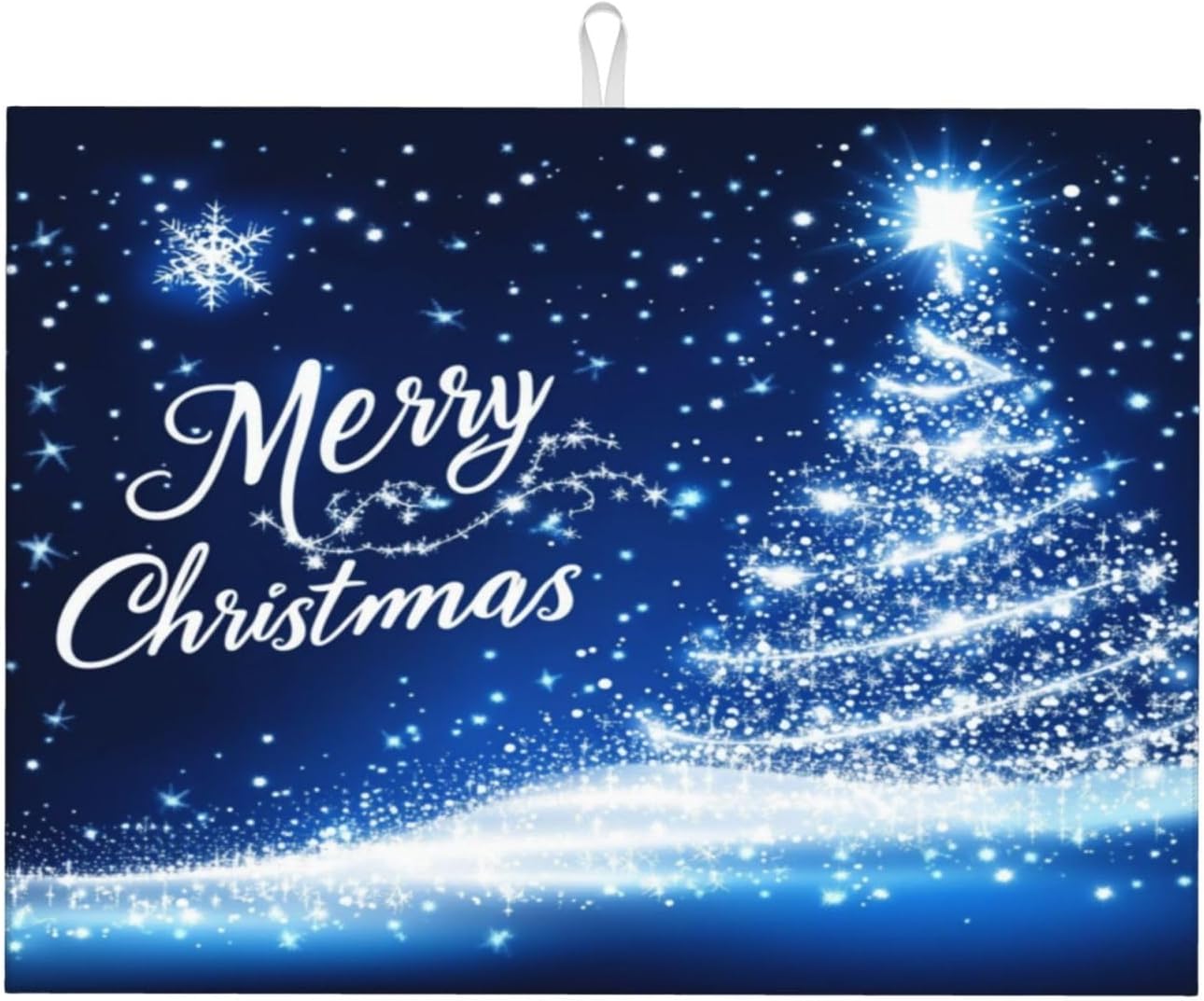 Dish Drying Mat for Kitchen Merry Christmas Blue Tree Counter Absorbent Dishes Drainer Microfiber Large 18x24 Inch